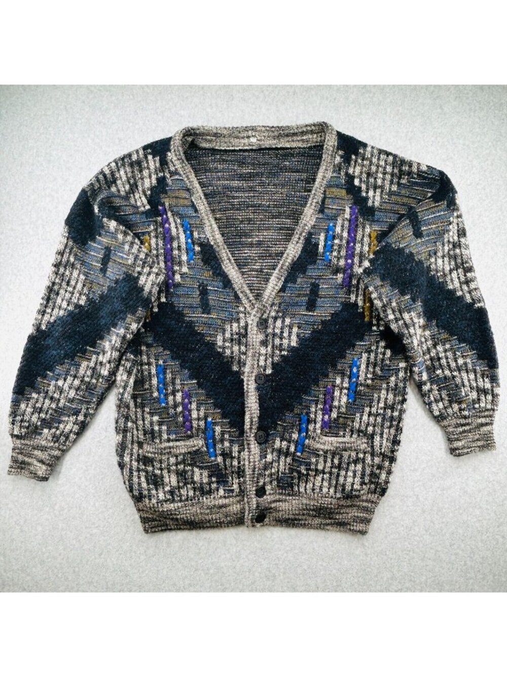 Vintage Mens Geometric Knit Cardigan Size 50(L/XL) Button-Down V-Neck Sweater